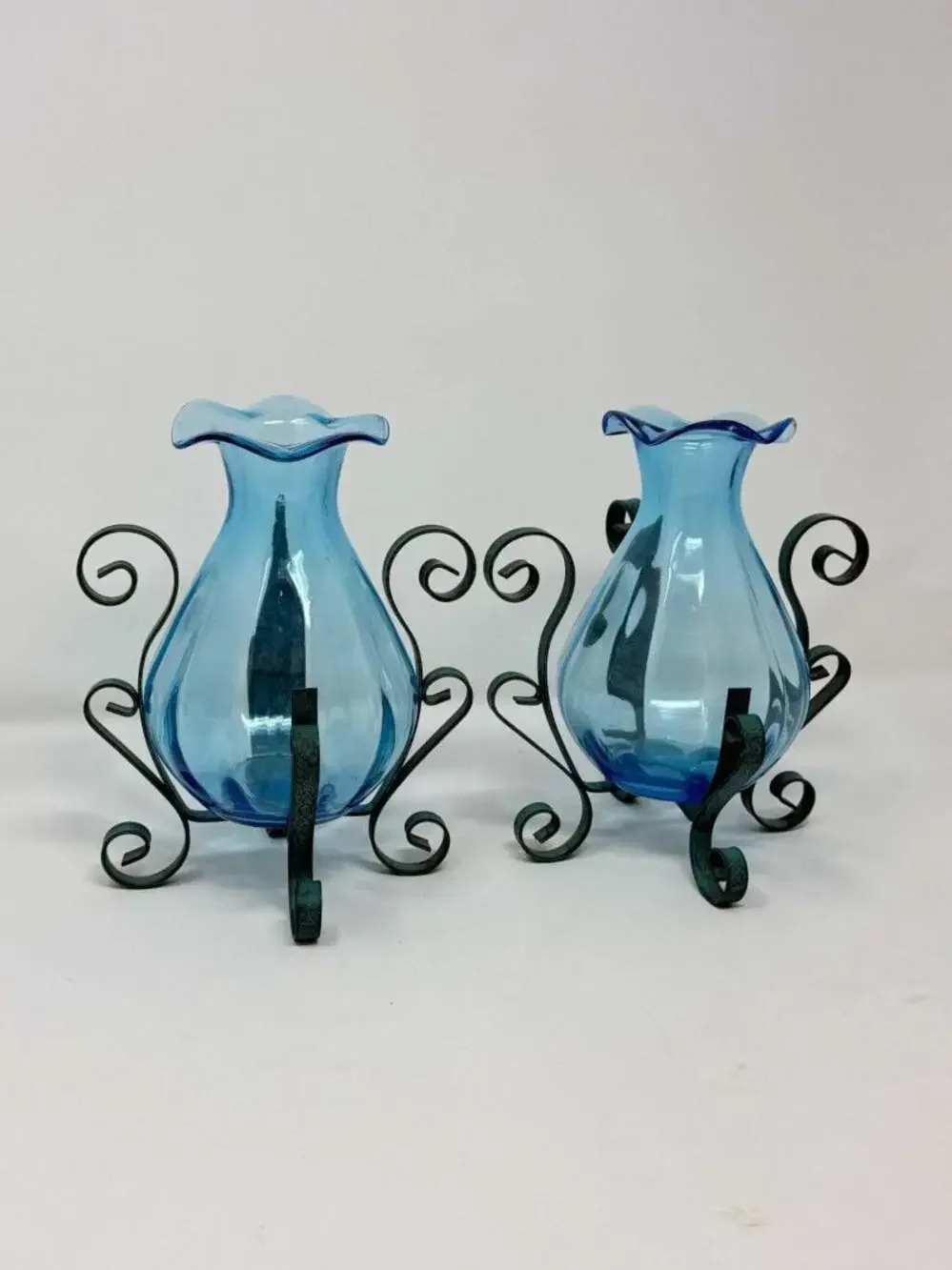 Set of 2 Vintage Blue Blown Glass Vases with Wrought Iron Scroll Stands